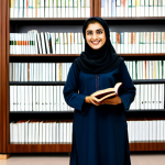 **

"A professional woman, fully clothed in a modest shalwar kameez, stands in a modern office. She is smiling gently and holding a book written in Arabic. The background features bookshelves filled with Arabic texts and a globe. Safe for work, appropriate content, perfect anatomy, correct proportions, professional, family-friendly, high quality."

**