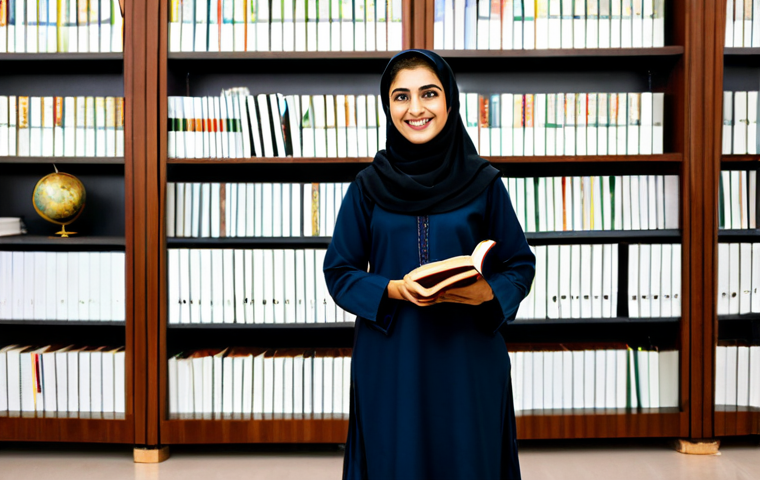 **

"A professional woman, fully clothed in a modest shalwar kameez, stands in a modern office. She is smiling gently and holding a book written in Arabic. The background features bookshelves filled with Arabic texts and a globe. Safe for work, appropriate content, perfect anatomy, correct proportions, professional, family-friendly, high quality."

**